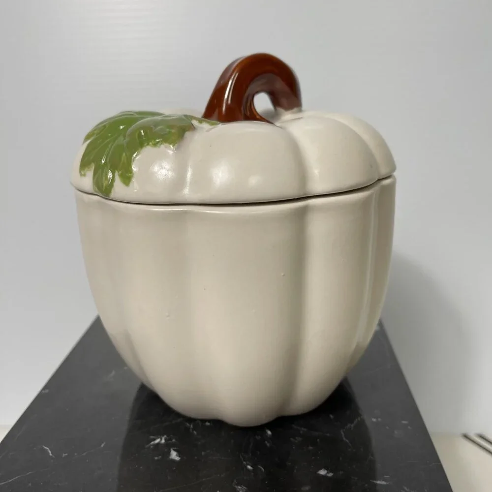 White Pumpkin Ceramic Cookie Jar,‎ Candy Jar, Canister Fall Theme Or Halloween
